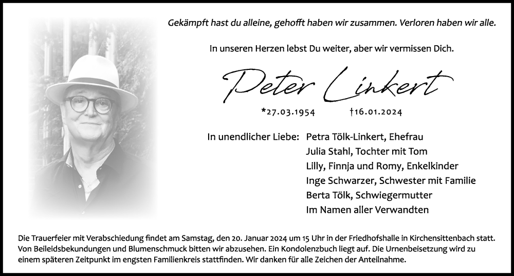  Traueranzeige für Peter Linkert vom 18.01.2024 aus Hersbrucker Zeitung Lokal