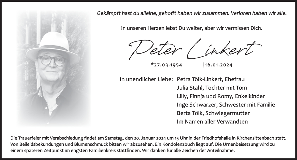  Traueranzeige für Peter Linkert vom 18.01.2024 aus Pegnitz-Zeitung