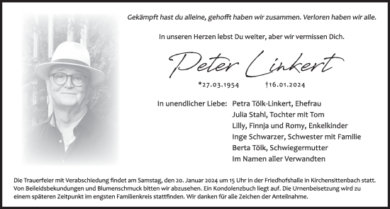 Traueranzeige von Peter Linkert von Pegnitz-Zeitung