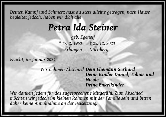 Traueranzeige von Petra Ida Steiner von Der Bote