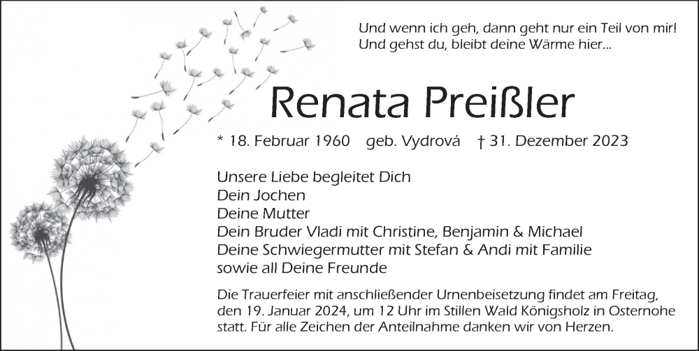  Traueranzeige für Renata Preißler vom 13.01.2024 aus Pegnitz-Zeitung