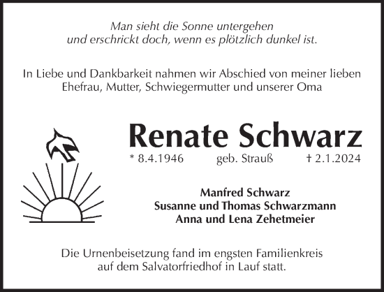 Traueranzeige von Renate Schwarz von Pegnitz-Zeitung