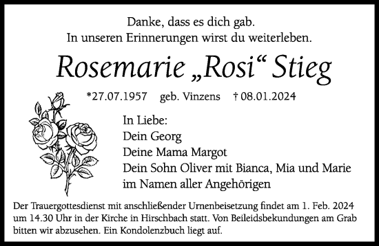 Traueranzeige von Rosemarie Stieg von Hersbrucker Zeitung Lokal