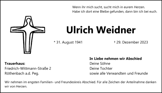 Traueranzeige von Ulrich Weidner von Hersbrucker Zeitung Lokal