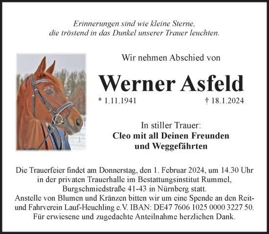 Traueranzeige von Werner Asfeld von Pegnitz-Zeitung