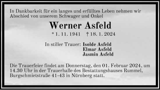 Traueranzeige von Werner Asfeld von Pegnitz-Zeitung