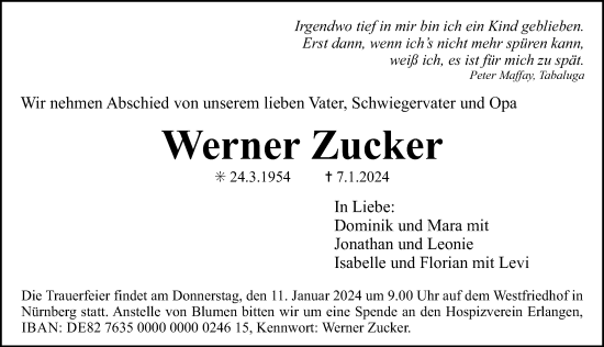 Traueranzeige von Werner Zucker von Der Bote