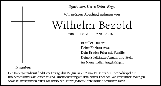 Traueranzeige von Wilhelm Bezold von Hersbrucker Zeitung Lokal
