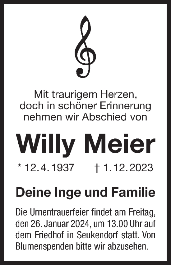 Traueranzeige von Willy Meier von Der Bote