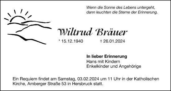 Traueranzeige von Wiltrud Bräuer von Hersbrucker Zeitung Lokal