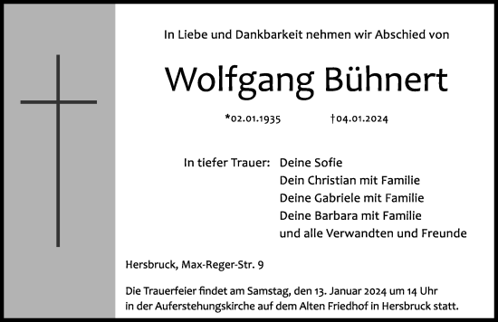 Traueranzeige von Wolfgang Bühnert von Hersbrucker Zeitung Lokal