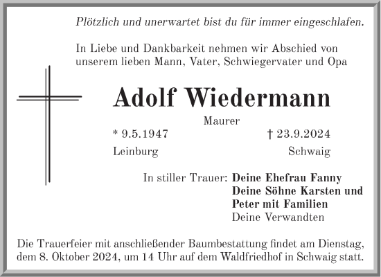 Traueranzeige von Adolf Wiedermann von Pegnitz-Zeitung
