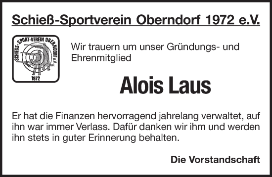 Traueranzeige von Alois Laus von Pegnitz-Zeitung