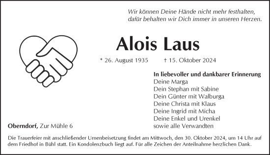 Traueranzeige von Alois Laus von Pegnitz-Zeitung