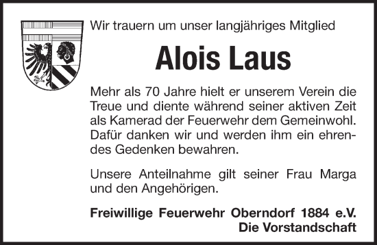 Traueranzeige von Alois Laus von Pegnitz-Zeitung