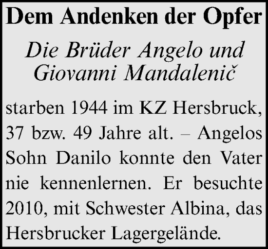 Traueranzeige von Angelo und Giovanni Giovannic von Hersbrucker Zeitung Lokal