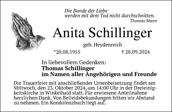 Traueranzeige von Anita Schillinger von Der Bote