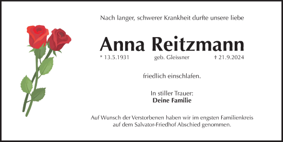 Traueranzeige von Anna Reitzmann von Pegnitz-Zeitung