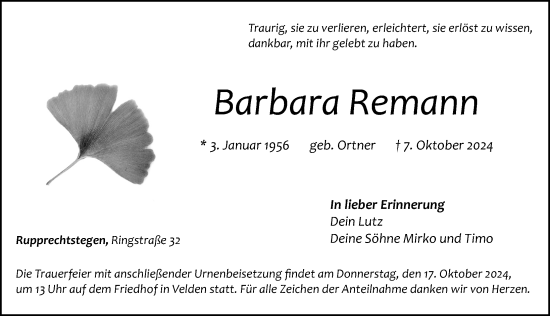 Traueranzeige von Barbara Remann von Hersbrucker Zeitung Lokal