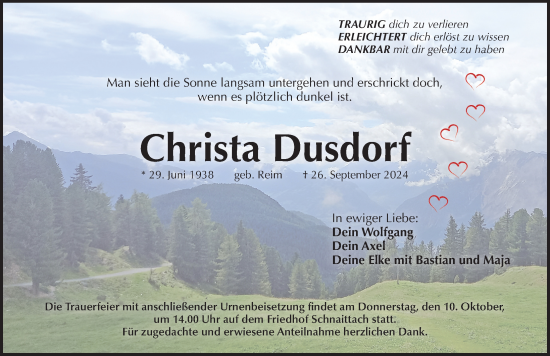 Traueranzeige von Christa Dusdorf von Pegnitz-Zeitung