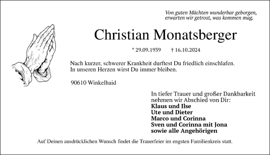 Traueranzeige von Christian Monatsberger von Der Bote