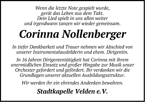 Traueranzeige von Corinna Nollenberger von Hersbrucker Zeitung Lokal