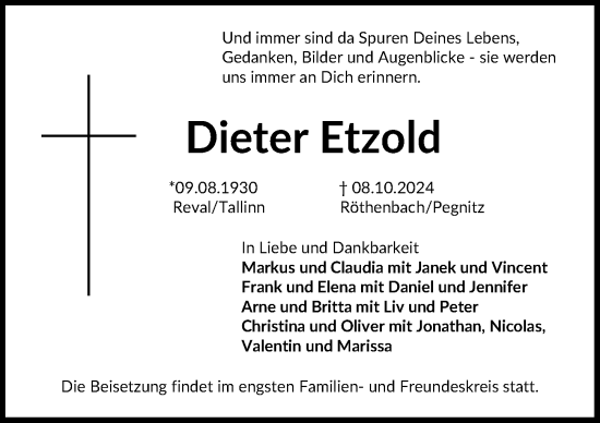 Traueranzeige von Dieter Etzold von Pegnitz-Zeitung