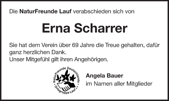 Traueranzeige von Erna Scharrer von Pegnitz-Zeitung