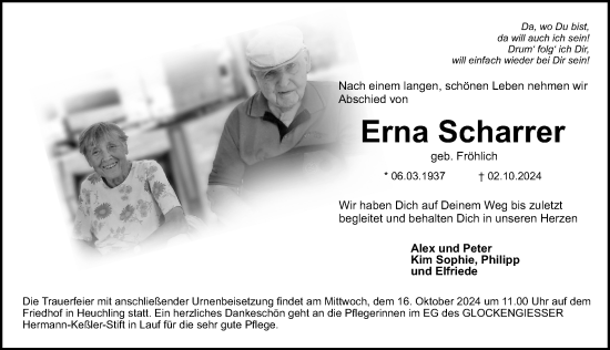 Traueranzeige von Erna Scharrer von Pegnitz-Zeitung