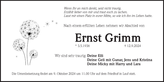 Traueranzeige von Ernst Grimm von Pegnitz-Zeitung