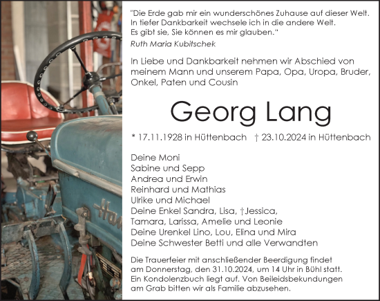 Traueranzeige von Georg Lang von Pegnitz-Zeitung