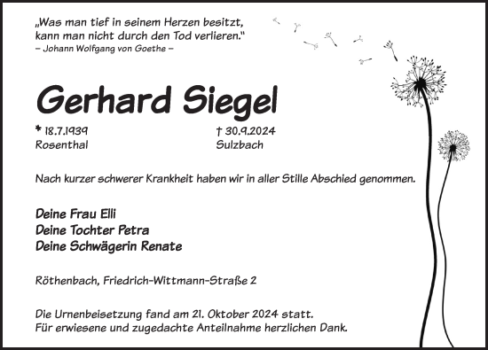 Traueranzeige von Gerhard Siegel von Pegnitz-Zeitung