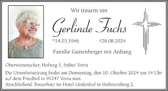 Traueranzeige von Gerlinde Fuchs von Hersbrucker Zeitung Lokal
