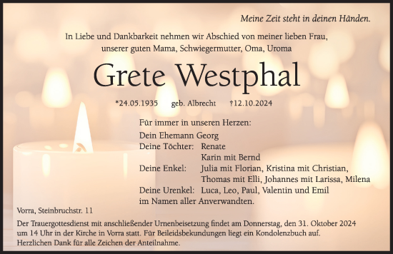 Traueranzeige von Grete Westphal von Hersbrucker Zeitung Lokal