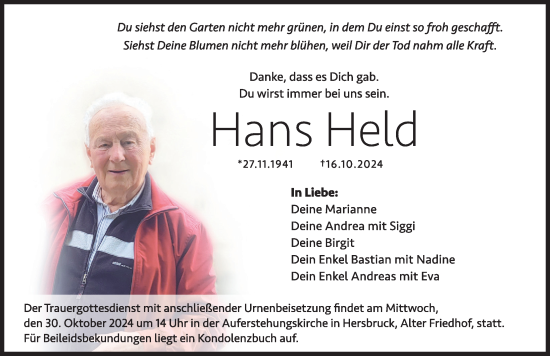 Traueranzeige von Hans Held von Hersbrucker Zeitung Lokal