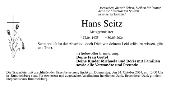 Traueranzeige von Hans Seitz von Der Bote
