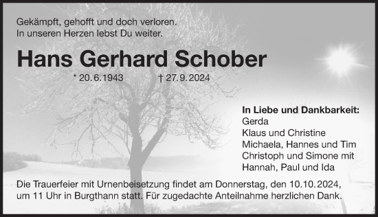 Traueranzeige von Hans Gerhard Schober von Der Bote
