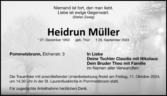 Traueranzeige von Heidrun Müller von Hersbrucker Zeitung Lokal