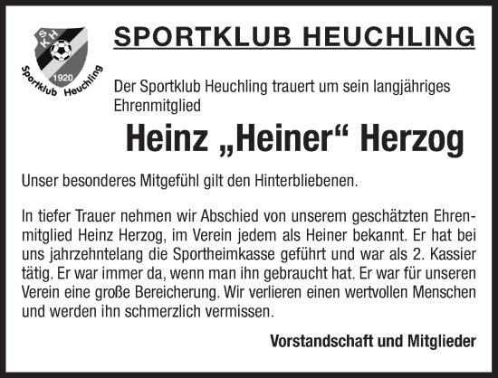 Traueranzeige von Heinz Herzog von Pegnitz-Zeitung