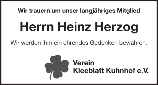 Traueranzeige von Heinz Herzog von Pegnitz-Zeitung