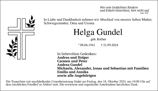 Traueranzeige von Helga Gundel von Der Bote