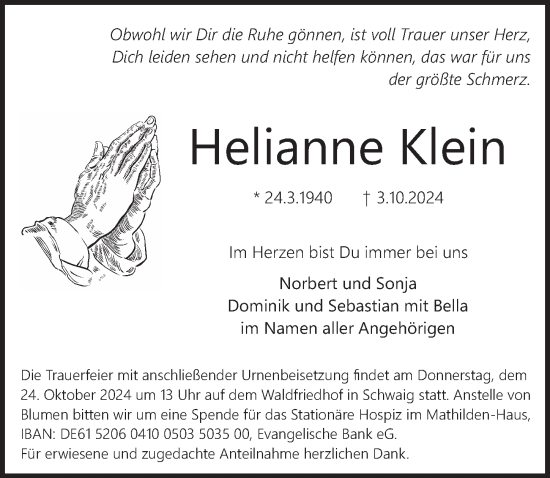Traueranzeige von Helianne Klein von Pegnitz-Zeitung