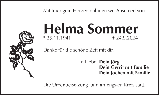 Traueranzeige von Helma Sommer von Pegnitz-Zeitung