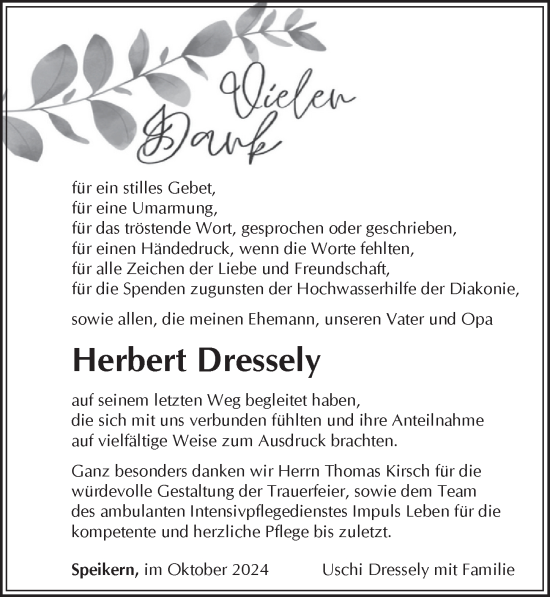 Traueranzeige von Herbert Dressely von Pegnitz-Zeitung