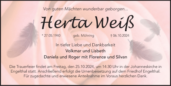 Traueranzeige von Herta Weiß von Hersbrucker Zeitung Lokal