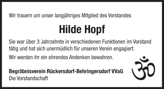 Traueranzeige von Hilde Hopf von Pegnitz-Zeitung