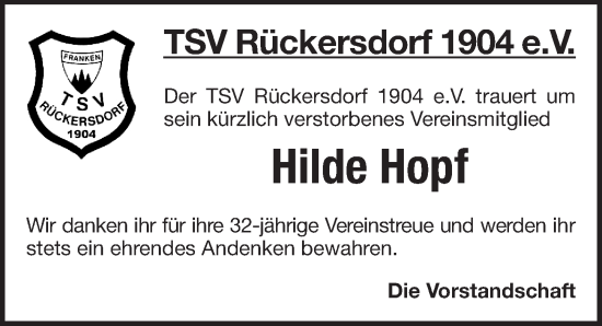 Traueranzeige von Hilde Hopf von Pegnitz-Zeitung
