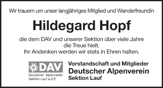 Traueranzeige von Hildegard Hopf von Pegnitz-Zeitung