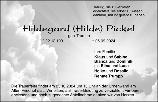Traueranzeige von Hildegard Pickel von Hersbrucker Zeitung Lokal
