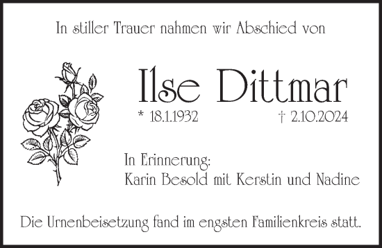 Traueranzeige von Ilse Dittmar von Pegnitz-Zeitung